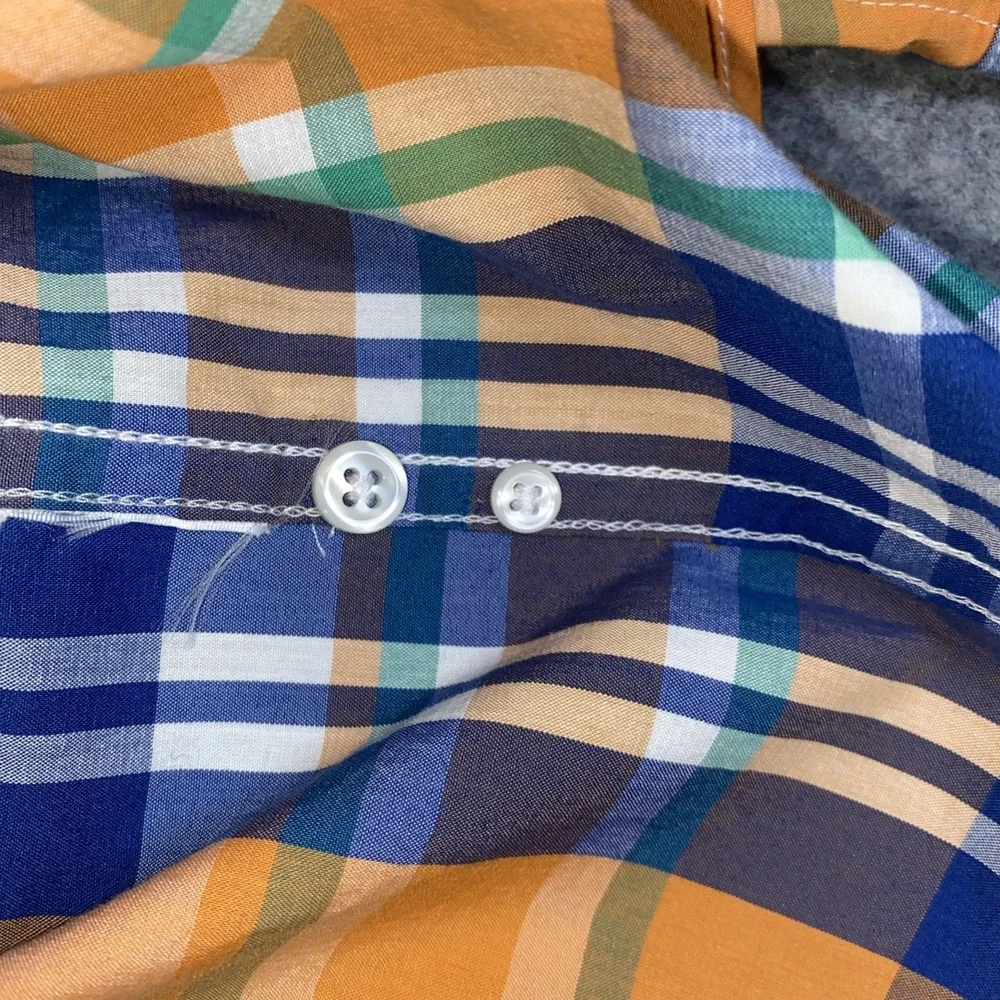 J. Crew Button Up‎ Shirt Men's Blue & Orange Plaid Slim Untucked Stretch Cotton